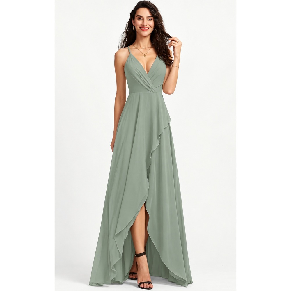 JJ's House Chiffon High Low Ruffle Bridesmaid Formal Dress Sage Green Sz 10
